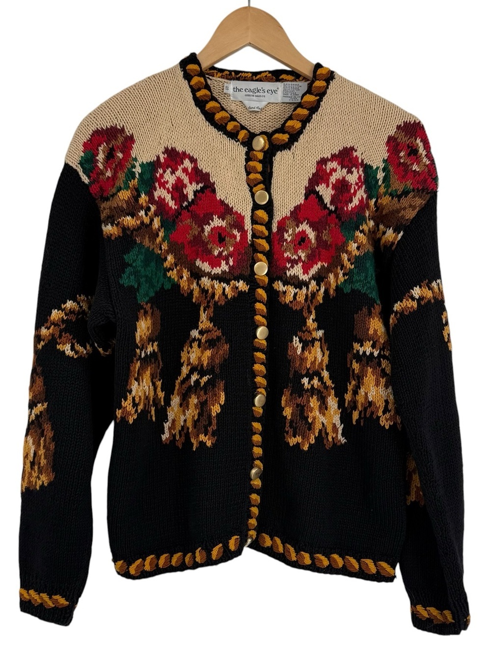 Vintage Eagle’s Eye Hand Knit Floral Cardigan Sweater Grandma Size S Gold Button